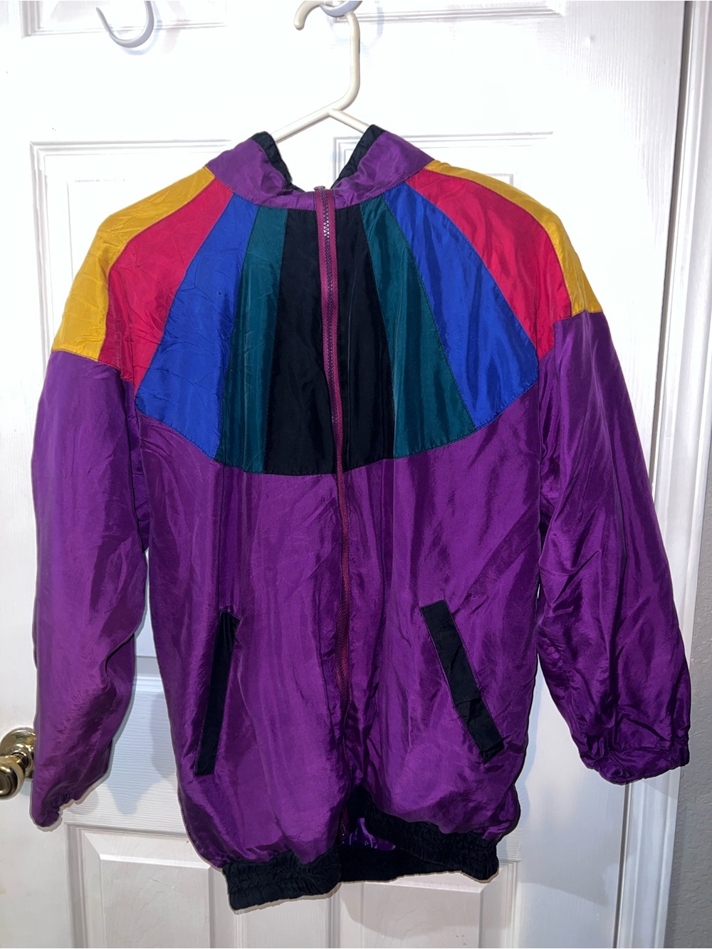 Retro Purple Colorblock Varsity Jacket with Multicolor Panels